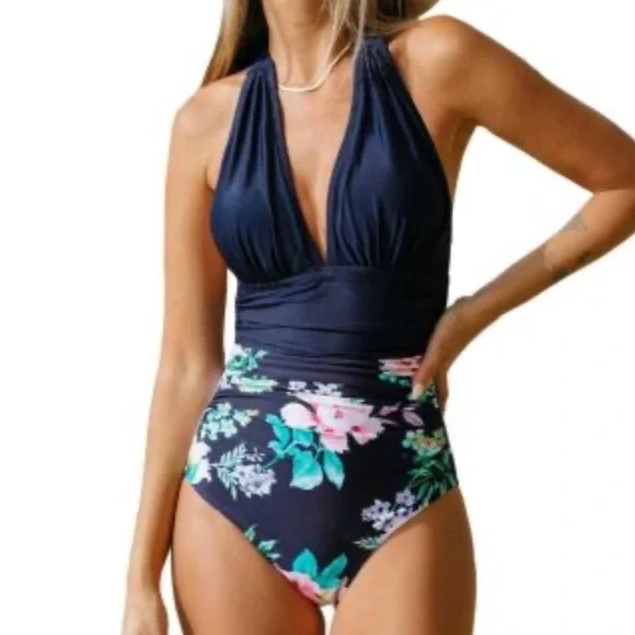 CUPSHE Blue Floral Plunge Halter Tie Neck Tummy Control One-Piece Swimsuit - Picture 1 of 13